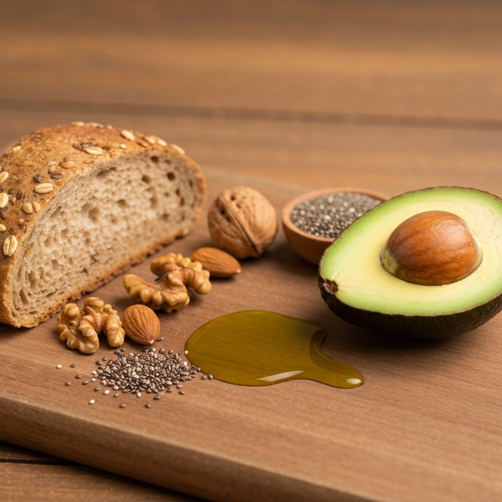 Healthy carbohydrates and fats including whole grain bread, nuts, and olive oil